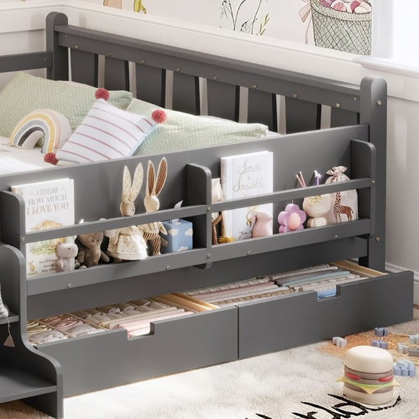 English Elm Queen Kids Platform Bed Solid Pine with Staircase Drawers and Built-In Bookcases Gray W1580S00677