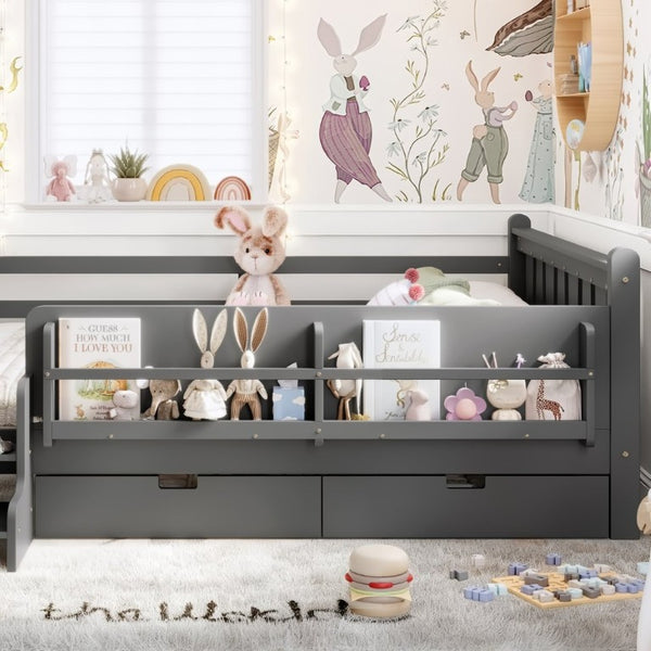 English Elm Queen Kids Platform Bed Solid Pine with Staircase Drawers and Built-In Bookcases Gray W1580S00677