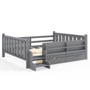 English Elm Queen Kids Platform Bed Solid Pine with Staircase Drawers and Built-In Bookcases Gray W1580S00677