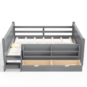 English Elm Queen Kids Platform Bed Solid Pine with Staircase Drawers and Built-In Bookcases Gray W1580S00677
