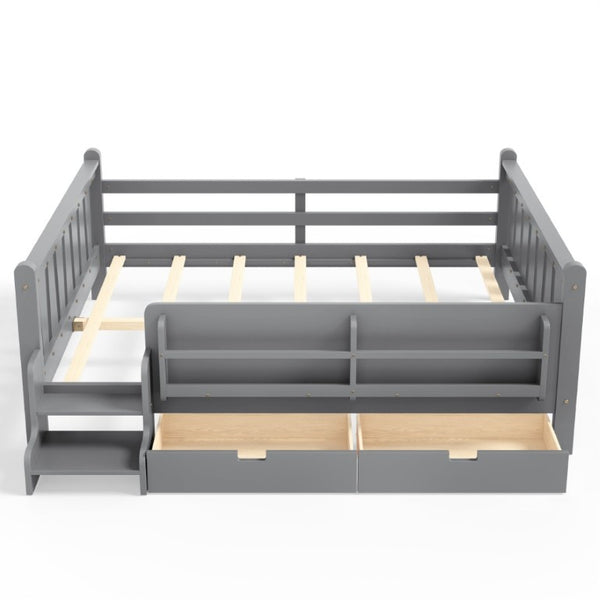 English Elm Queen Kids Platform Bed Solid Pine with Staircase Drawers and Built-In Bookcases Gray W1580S00677