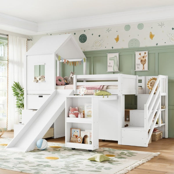 English Elm Twin House Frame Loft Bed Pine Wood with Stair Drawers Pull Out Desk Play Window White W1580S00678