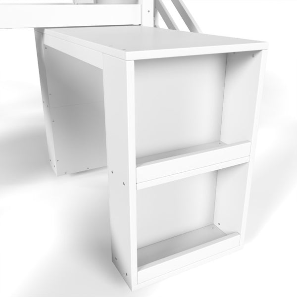 English Elm Twin House Frame Loft Bed Pine Wood with Stair Drawers Pull Out Desk Play Window White W1580S00678