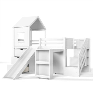 English Elm Twin House Frame Loft Bed Pine Wood with Stair Drawers Pull Out Desk Play Window White W1580S00678