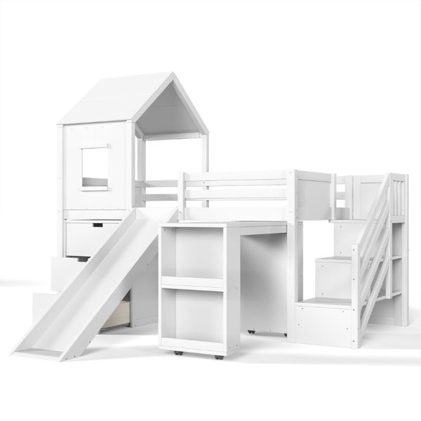 English Elm Twin House Frame Loft Bed Pine Wood with Stair Drawers Pull Out Desk Play Window White W1580S00678