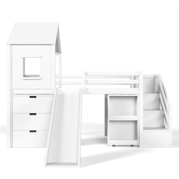 English Elm Twin House Frame Loft Bed Pine Wood with Stair Drawers Pull Out Desk Play Window White W1580S00678