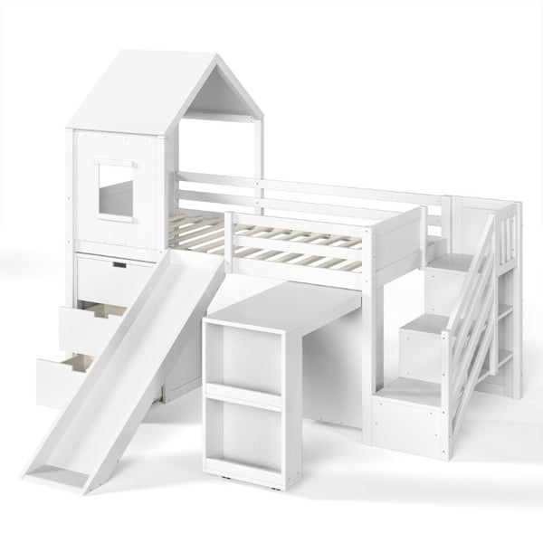 English Elm Twin House Frame Loft Bed Pine Wood with Stair Drawers Pull Out Desk Play Window White W1580S00678