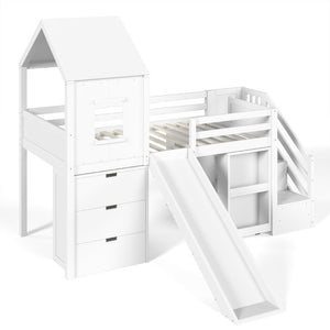 English Elm Twin House Frame Loft Bed Pine Wood with Stair Drawers Pull Out Desk Play Window White W1580S00678