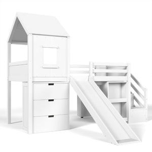 English Elm Twin House Frame Loft Bed Pine Wood with Stair Drawers Pull Out Desk Play Window White W1580S00678