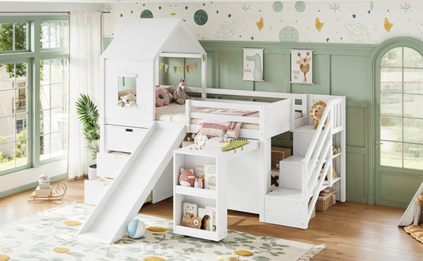 English Elm Twin House Frame Loft Bed Pine Wood with Stair Drawers Pull Out Desk Play Window White W1580S00678