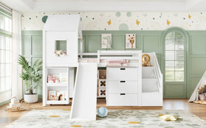 English Elm Twin House Frame Loft Bed Pine Wood with Stair Drawers Pull Out Desk Play Window White W1580S00678