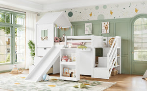 English Elm Twin House Frame Loft Bed Pine Wood with Stair Drawers Pull Out Desk Play Window White W1580S00678