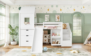 English Elm Twin House Frame Loft Bed Pine Wood with Stair Drawers Pull Out Desk Play Window White W1580S00678