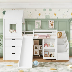 English Elm Twin House Frame Loft Bed Pine Wood with Stair Drawers Pull Out Desk Play Window White W1580S00678