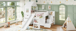 English Elm Twin House Frame Loft Bed Pine Wood with Stair Drawers Pull Out Desk Play Window White W1580S00678