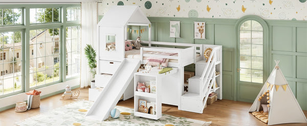 English Elm Twin House Frame Loft Bed Pine Wood with Stair Drawers Pull Out Desk Play Window White W1580S00678