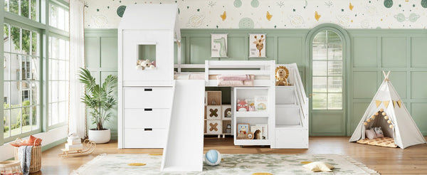 English Elm Twin House Frame Loft Bed Pine Wood with Stair Drawers Pull Out Desk Play Window White W1580S00678
