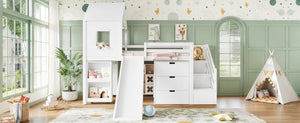 English Elm Twin House Frame Loft Bed Pine Wood with Stair Drawers Pull Out Desk Play Window White W1580S00678