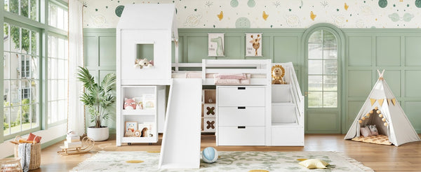 English Elm Twin House Frame Loft Bed Pine Wood with Stair Drawers Pull Out Desk Play Window White W1580S00678