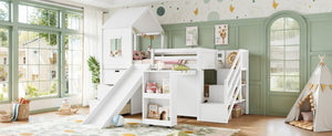 English Elm Twin House Frame Loft Bed Pine Wood with Stair Drawers Pull Out Desk Play Window White W1580S00678