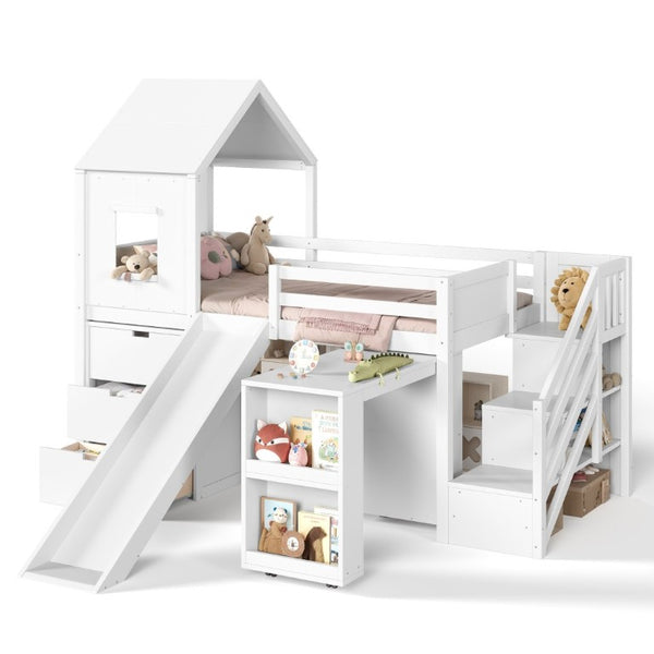 English Elm Twin House Frame Loft Bed Pine Wood with Stair Drawers Pull Out Desk Play Window White W1580S00678