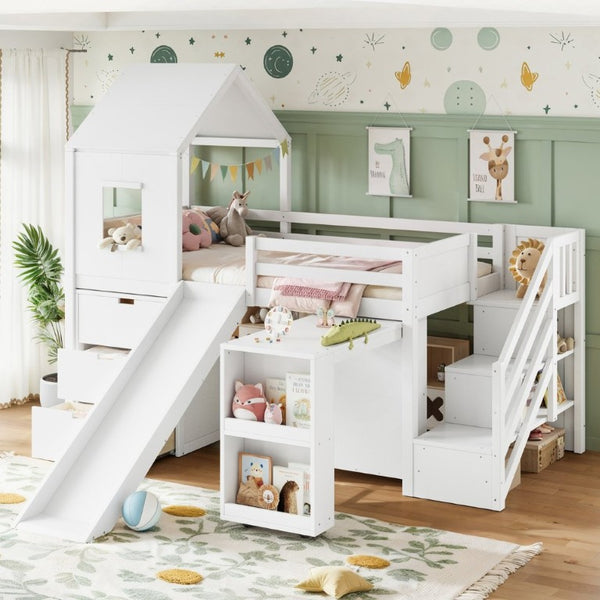 English Elm Twin House Frame Loft Bed Pine Wood with Stair Drawers Pull Out Desk Play Window White W1580S00678