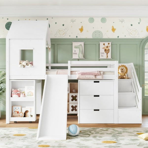 English Elm Twin House Frame Loft Bed Pine Wood with Stair Drawers Pull Out Desk Play Window White W1580S00678