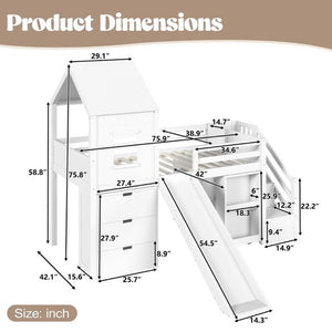 English Elm Twin House Frame Loft Bed Pine Wood with Stair Drawers Pull Out Desk Play Window White W1580S00678
