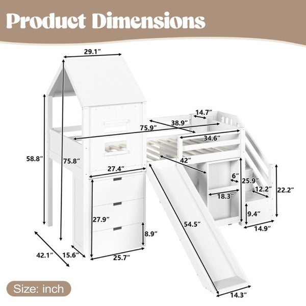 English Elm Twin House Frame Loft Bed Pine Wood with Stair Drawers Pull Out Desk Play Window White W1580S00678