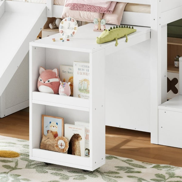 English Elm Twin House Frame Loft Bed Pine Wood with Stair Drawers Pull Out Desk Play Window White W1580S00678