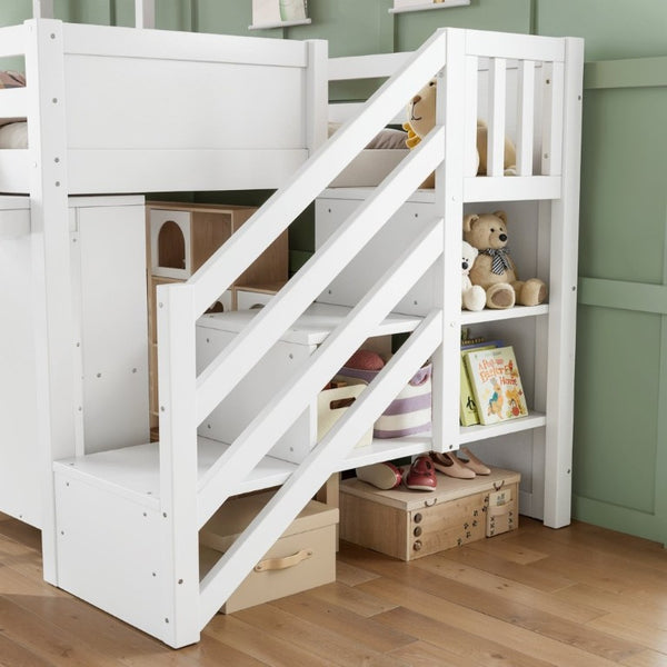 English Elm Twin House Frame Loft Bed Pine Wood with Stair Drawers Pull Out Desk Play Window White W1580S00678