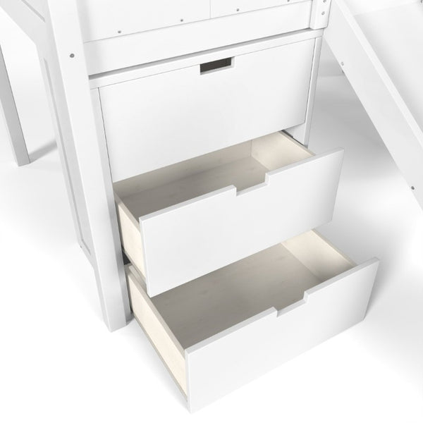 English Elm Twin House Frame Loft Bed Pine Wood with Stair Drawers Pull Out Desk Play Window White W1580S00678