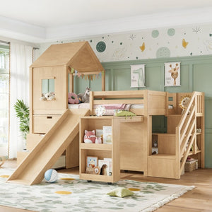 English Elm Twin House Frame Loft Bed Pine Wood with Stair Drawers Pull Out Desk Play Window Natural W1580S00679