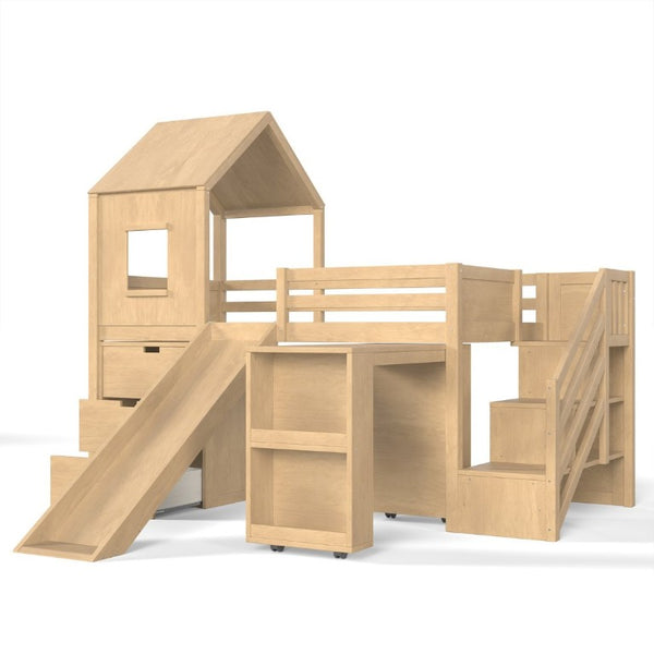 English Elm Twin House Frame Loft Bed Pine Wood with Stair Drawers Pull Out Desk Play Window Natural W1580S00679