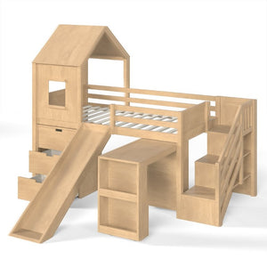 English Elm Twin House Frame Loft Bed Pine Wood with Stair Drawers Pull Out Desk Play Window Natural W1580S00679