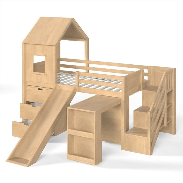 English Elm Twin House Frame Loft Bed Pine Wood with Stair Drawers Pull Out Desk Play Window Natural W1580S00679
