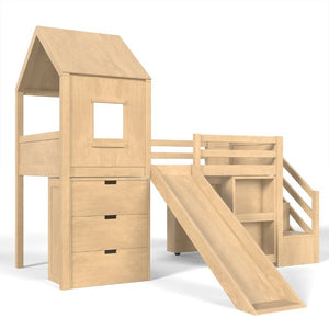 English Elm Twin House Frame Loft Bed Pine Wood with Stair Drawers Pull Out Desk Play Window Natural W1580S00679