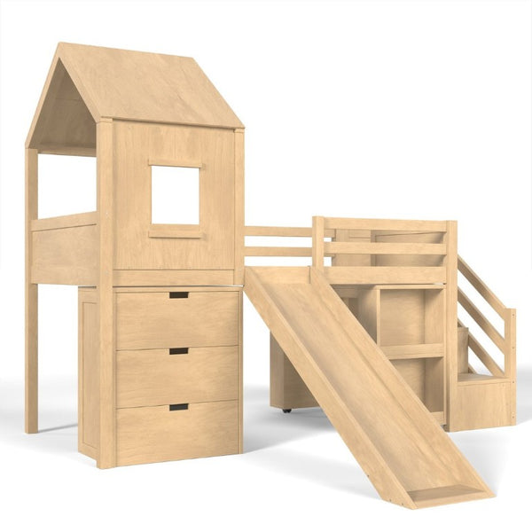 English Elm Twin House Frame Loft Bed Pine Wood with Stair Drawers Pull Out Desk Play Window Natural W1580S00679