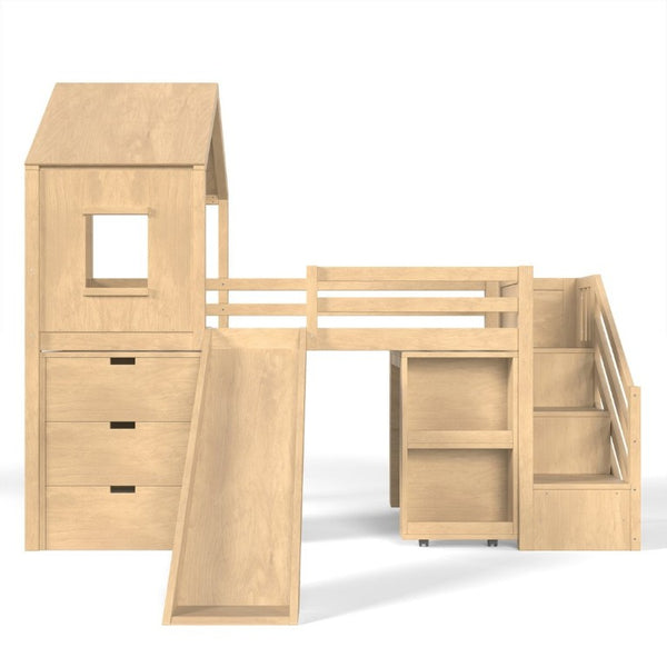 English Elm Twin House Frame Loft Bed Pine Wood with Stair Drawers Pull Out Desk Play Window Natural W1580S00679