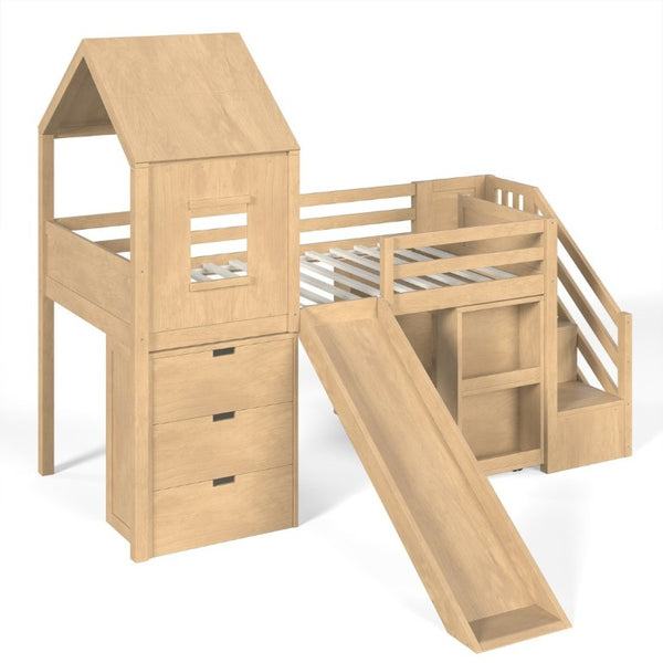 English Elm Twin House Frame Loft Bed Pine Wood with Stair Drawers Pull Out Desk Play Window Natural W1580S00679