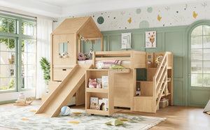 English Elm Twin House Frame Loft Bed Pine Wood with Stair Drawers Pull Out Desk Play Window Natural W1580S00679