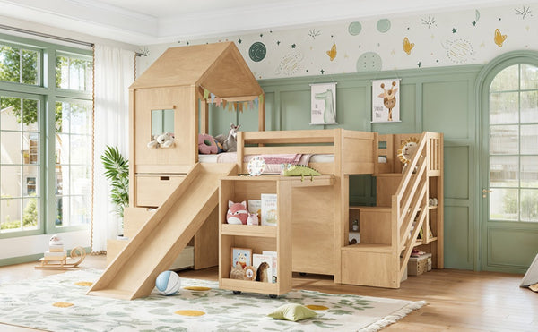 English Elm Twin House Frame Loft Bed Pine Wood with Stair Drawers Pull Out Desk Play Window Natural W1580S00679
