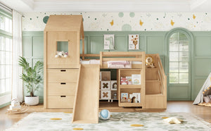 English Elm Twin House Frame Loft Bed Pine Wood with Stair Drawers Pull Out Desk Play Window Natural W1580S00679