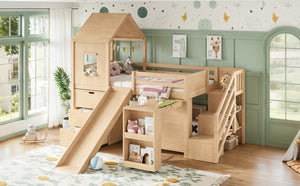 English Elm Twin House Frame Loft Bed Pine Wood with Stair Drawers Pull Out Desk Play Window Natural W1580S00679