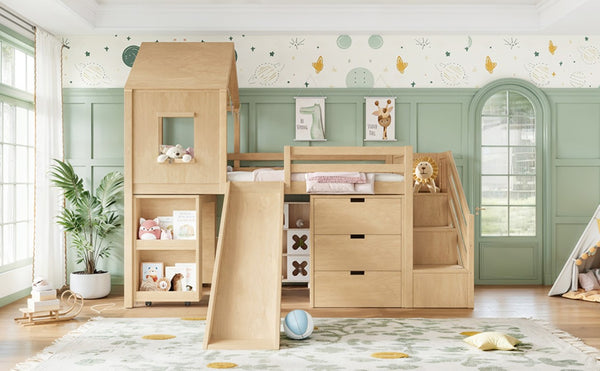 English Elm Twin House Frame Loft Bed Pine Wood with Stair Drawers Pull Out Desk Play Window Natural W1580S00679