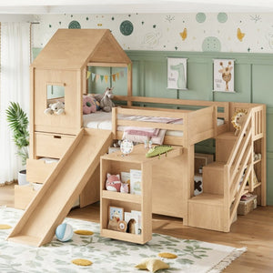 English Elm Twin House Frame Loft Bed Pine Wood with Stair Drawers Pull Out Desk Play Window Natural W1580S00679