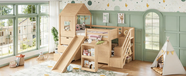 English Elm Twin House Frame Loft Bed Pine Wood with Stair Drawers Pull Out Desk Play Window Natural W1580S00679