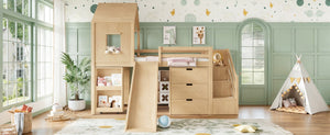 English Elm Twin House Frame Loft Bed Pine Wood with Stair Drawers Pull Out Desk Play Window Natural W1580S00679