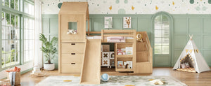 English Elm Twin House Frame Loft Bed Pine Wood with Stair Drawers Pull Out Desk Play Window Natural W1580S00679
