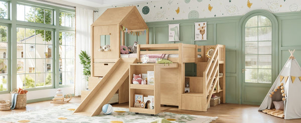 English Elm Twin House Frame Loft Bed Pine Wood with Stair Drawers Pull Out Desk Play Window Natural W1580S00679